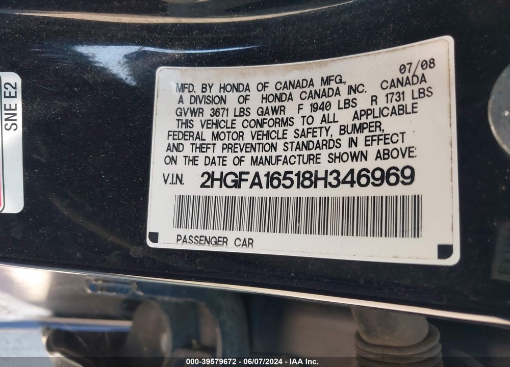 2008 HONDA CIVIC LX VIN: 2HGFA16518H346969