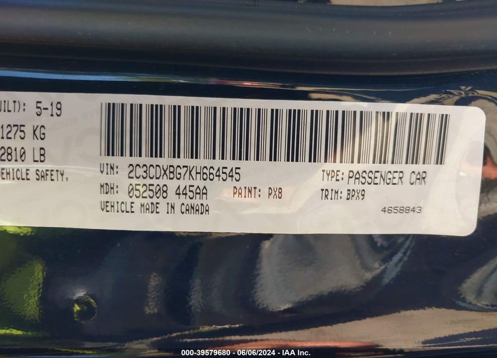 2019 DODGE CHARGER SXT VIN: 2C3CDXBG7KH664545
