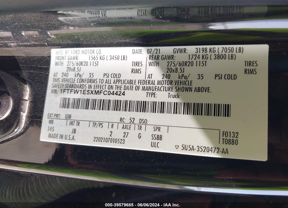 2021 FORD F-150 XL VIN: 1FTFW1E5XMFC04424
