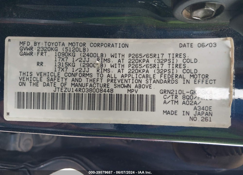 2003 TOYOTA 4RUNNER SR5 SPORT V6 VIN: JTEZU14R038008448