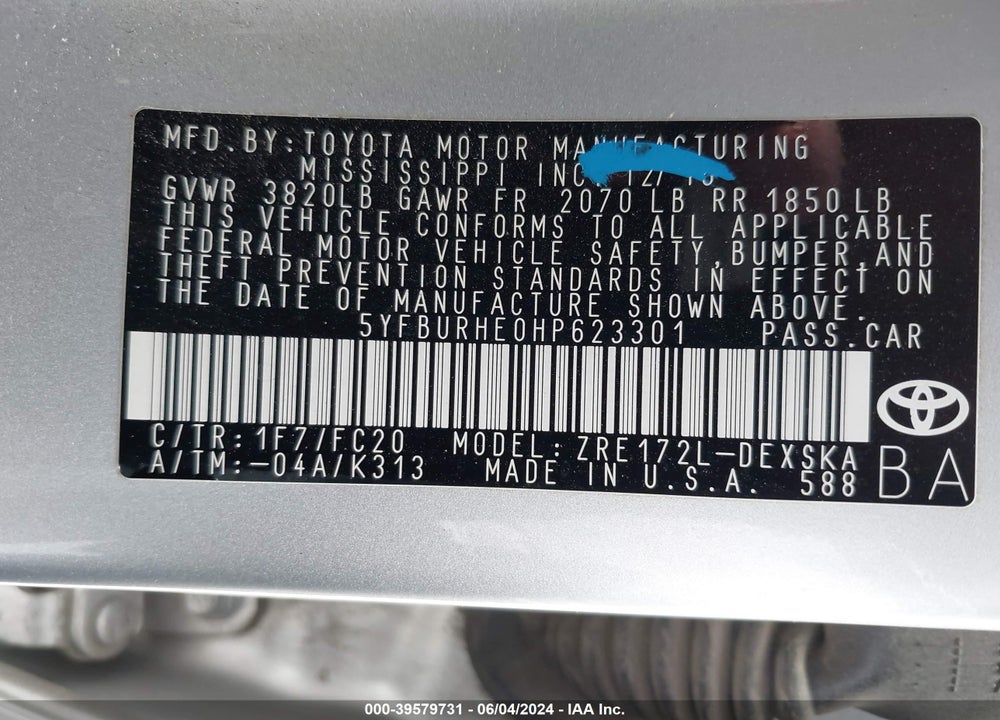 2017 TOYOTA COROLLA SE VIN: 5YFBURHE0HP623301