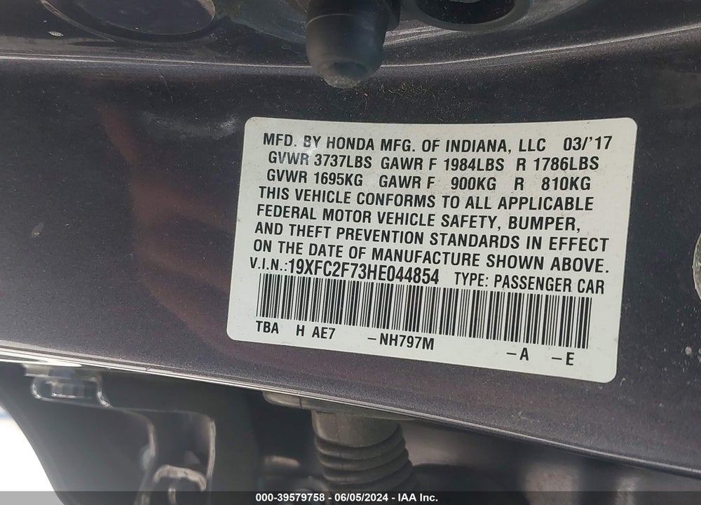 2017 HONDA CIVIC EX VIN: 19XFC2F73HE044854