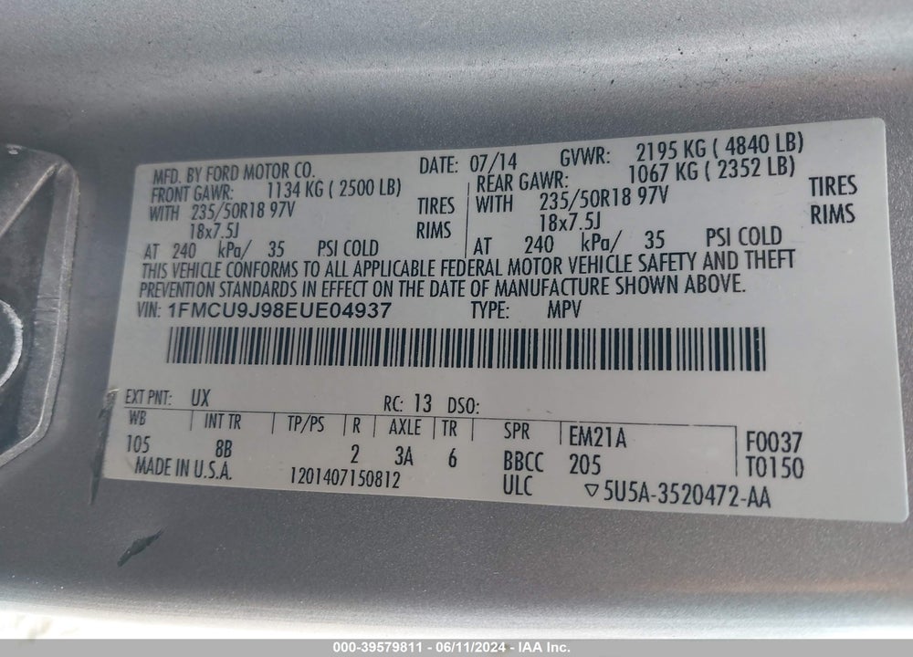 2014 FORD ESCAPE TITANIUM VIN: 1FMCU9J98EUE04937