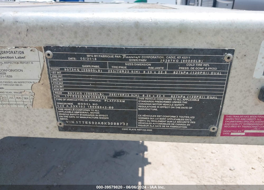 2019 TRANSCRAFT CORP TRAILER VIN: 1TTE532A6K3098732