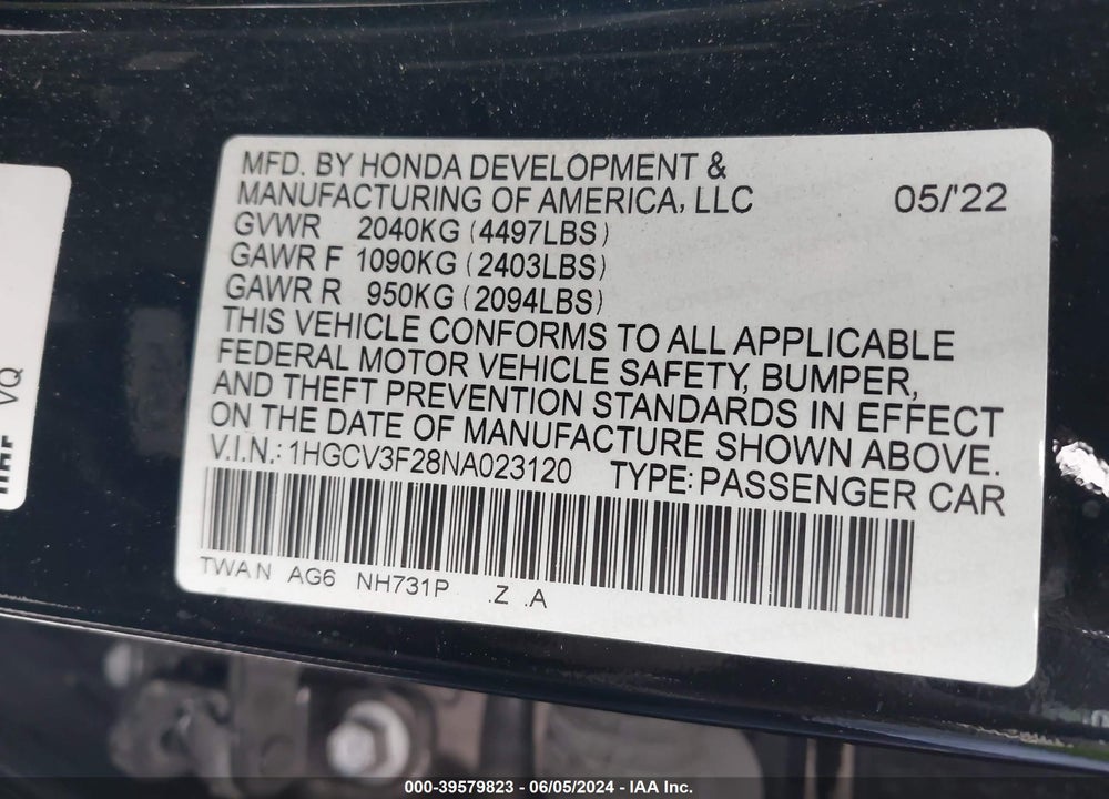 2022 HONDA ACCORD HYBRID SPORT VIN: 1HGCV3F28NA023120