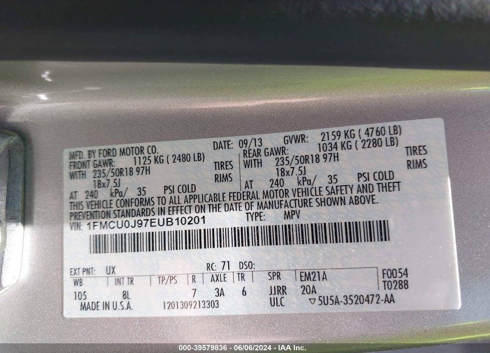 2014 FORD ESCAPE TITANIUM VIN: 1FMCU0J97EUB10201