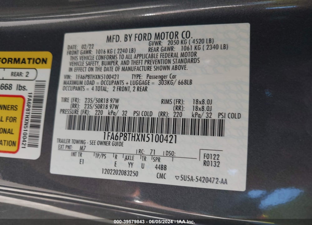 2022 FORD MUSTANG ECOBOOST PREMIUM FASTBACK VIN: 1FA6P8THXN5100421