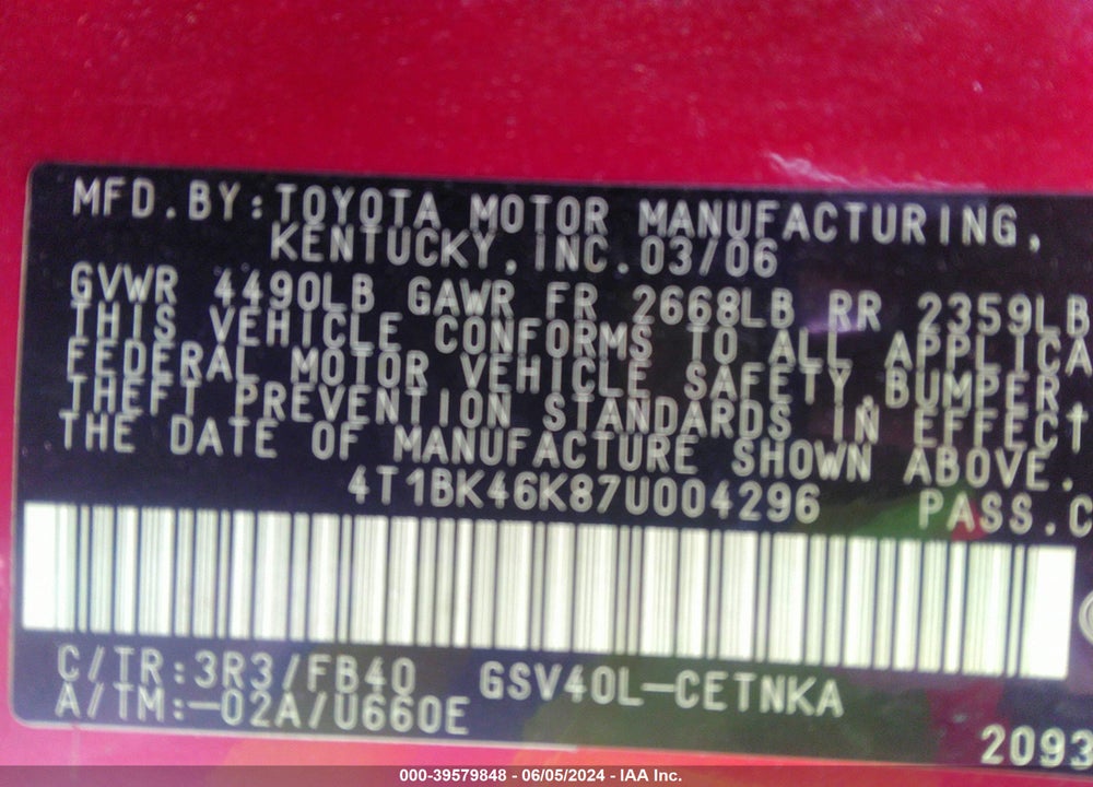 2007 TOYOTA CAMRY LE V6 VIN: 4T1BK46K87U004296