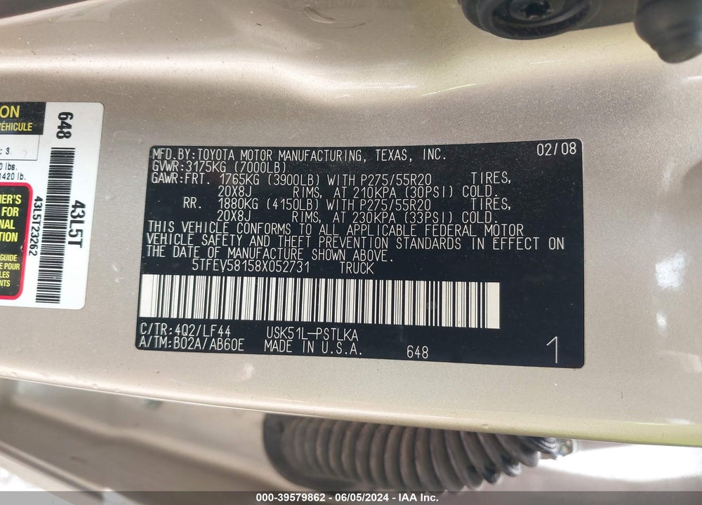 2008 TOYOTA TUNDRA LIMITED 5.7L V8 VIN: 5TFEV58158X052731