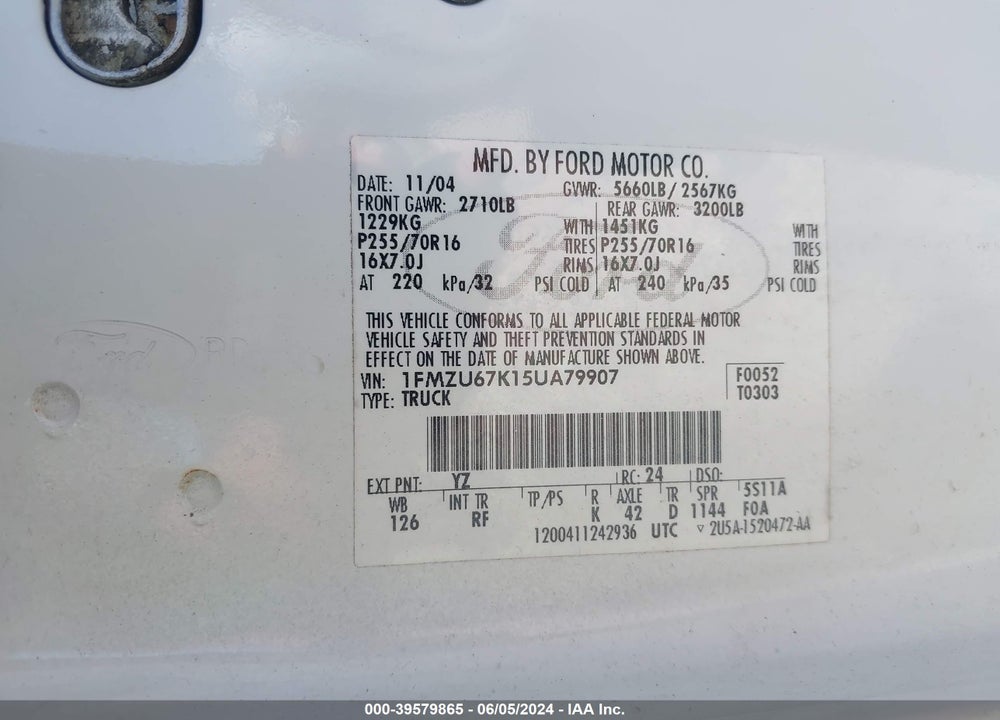 2005 FORD EXPLORER SPORT TRAC ADRENALIN/XLS/XLT VIN: 1FMZU67K15UA79907