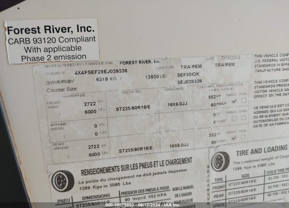 2014 FOREST RIVER SIERRA 3010K VIN: 4X4FSEF29EJ039336