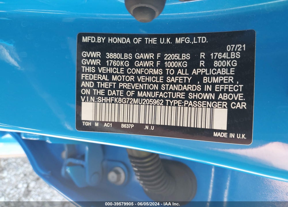 2021 HONDA CIVIC TYPE-R TOURING VIN: SHHFK8G72MU205962