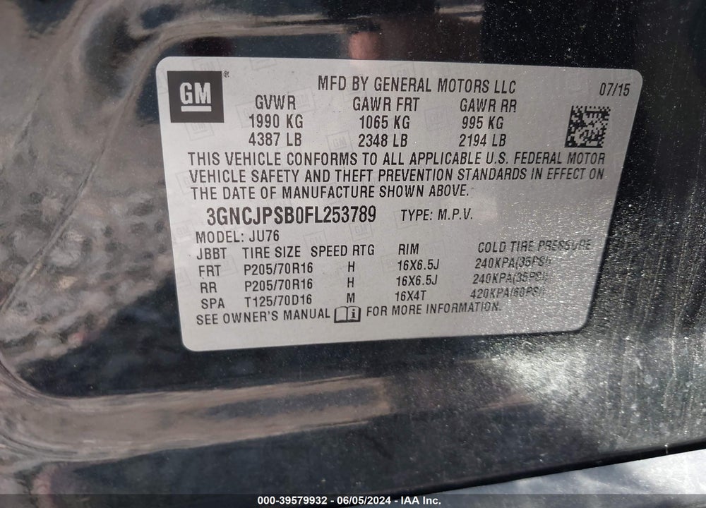 2015 CHEVROLET TRAX 1LS VIN: 3GNCJPSB0FL253789