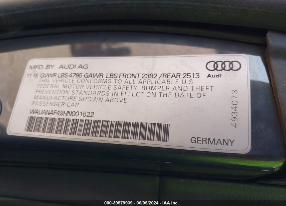 2017 AUDI A4 2.0T PREMIUM VIN: WAUANAF49HN001522