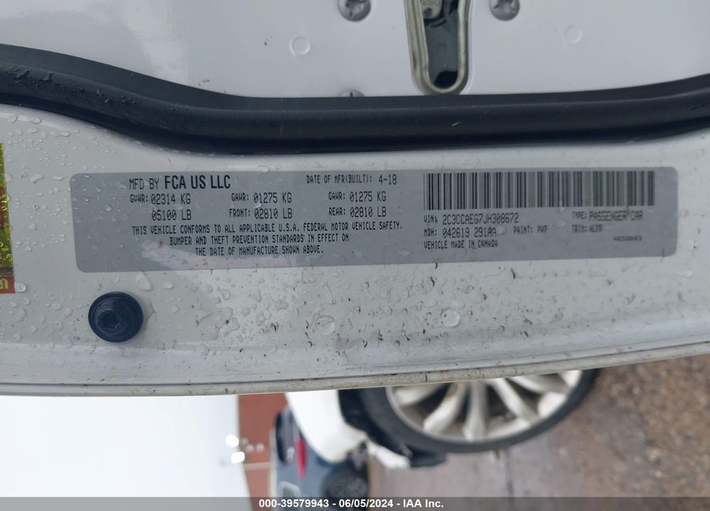 2018 CHRYSLER 300 LIMITED VIN: 2C3CCAEG7JH308672
