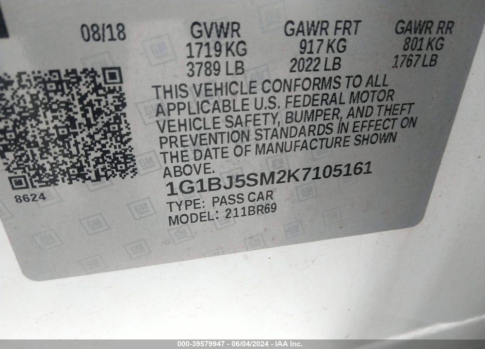 2019 CHEVROLET CRUZE CVT (FLEET ORDERS ONLY) VIN: 1G1BJ5SM2K7105161
