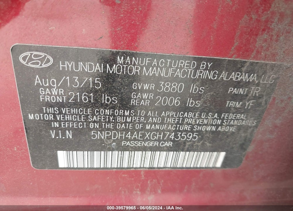2016 HYUNDAI ELANTRA SE VIN: 5NPDH4AEXGH743595