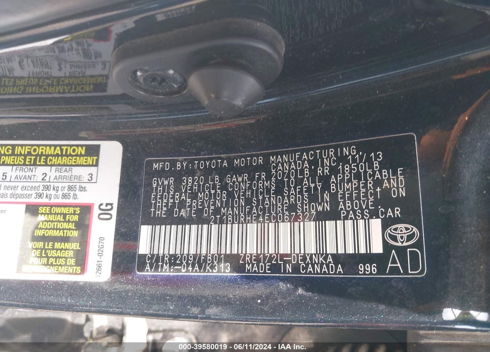 2014 TOYOTA COROLLA LE VIN: 2T1BURHE4EC067327