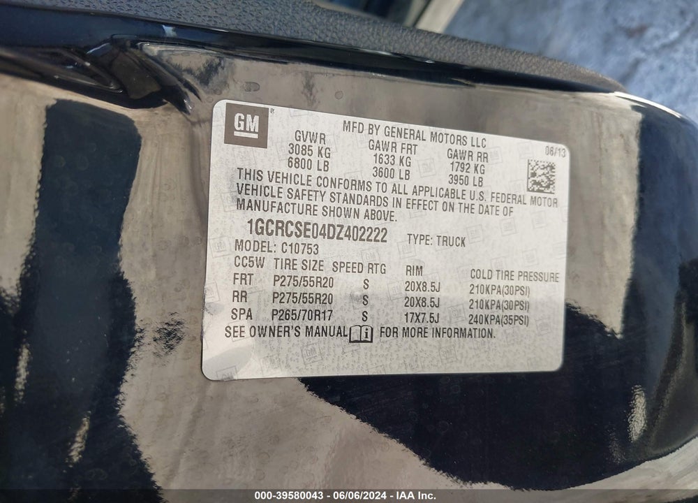 2013 CHEVROLET SILVERADO 1500 VIN: 1GCRCSE04DZ402222