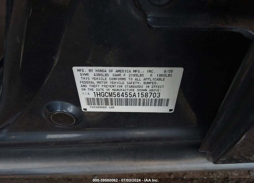 2005 HONDA ACCORD 2.4 LX VIN: 1HGCM56455A158703