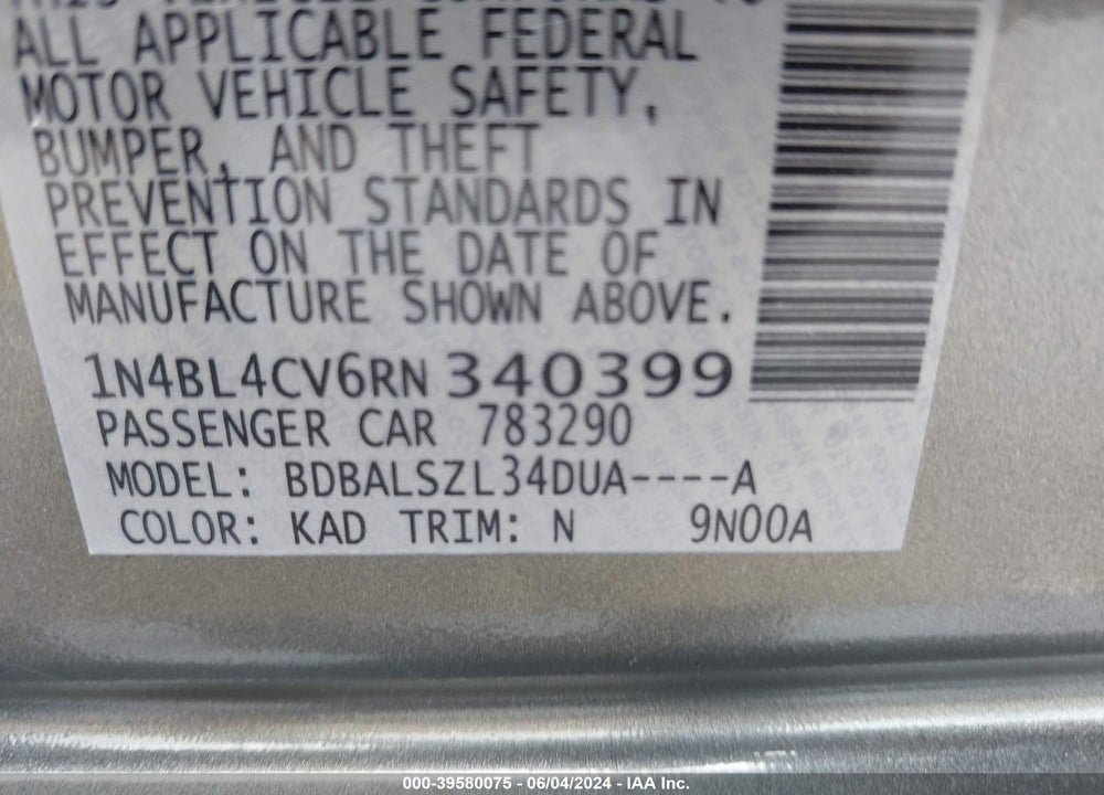 2024 NISSAN ALTIMA SR FWD VIN: 1N4BL4CV6RN340399