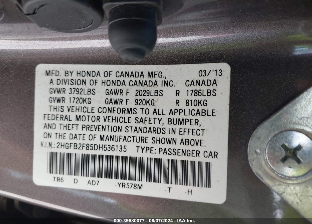 2013 HONDA CIVIC EX VIN: 2HGFB2F85DH536135