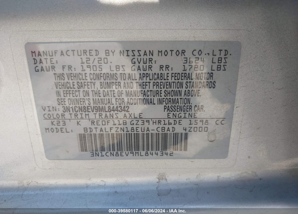 2021 NISSAN VERSA SV XTRONIC CVT VIN: 3N1CN8EV9ML844342