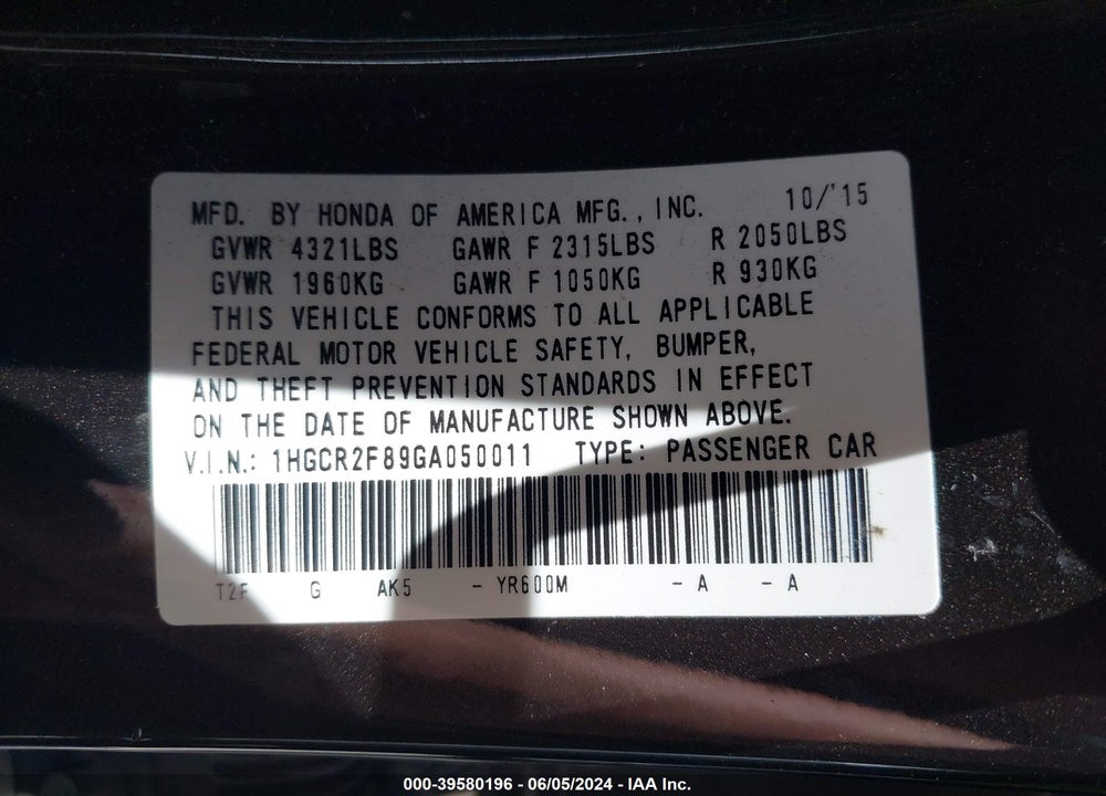 2016 HONDA ACCORD EX-L VIN: 1HGCR2F89GA050011