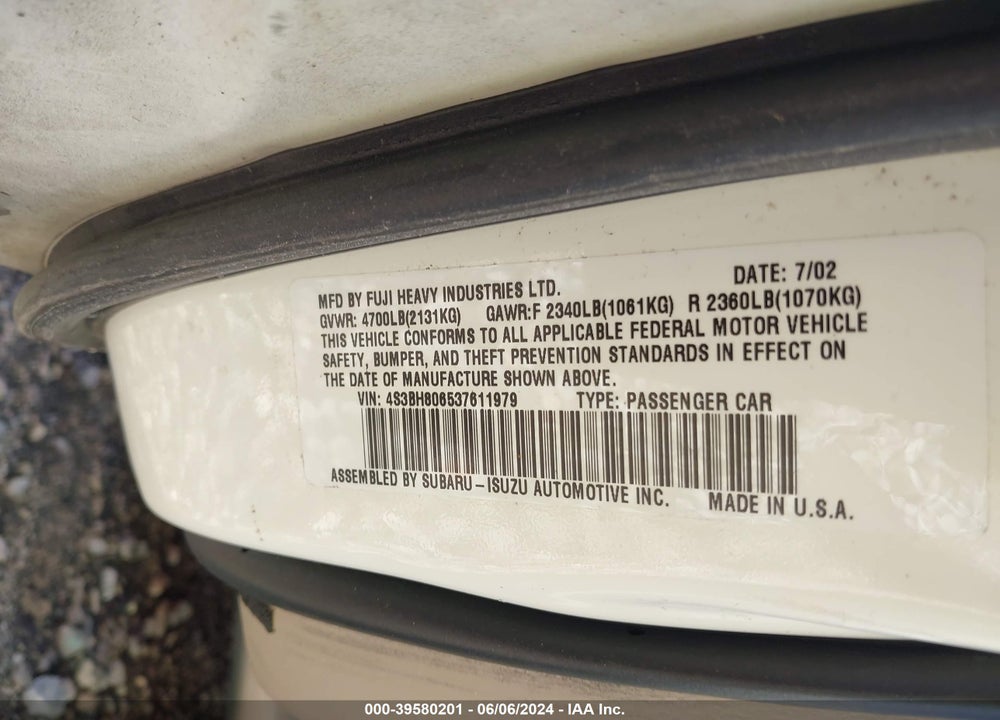 2003 SUBARU OUTBACK H6-3.0 L.L. BEAN EDITION VIN: 4S3BH806537611979