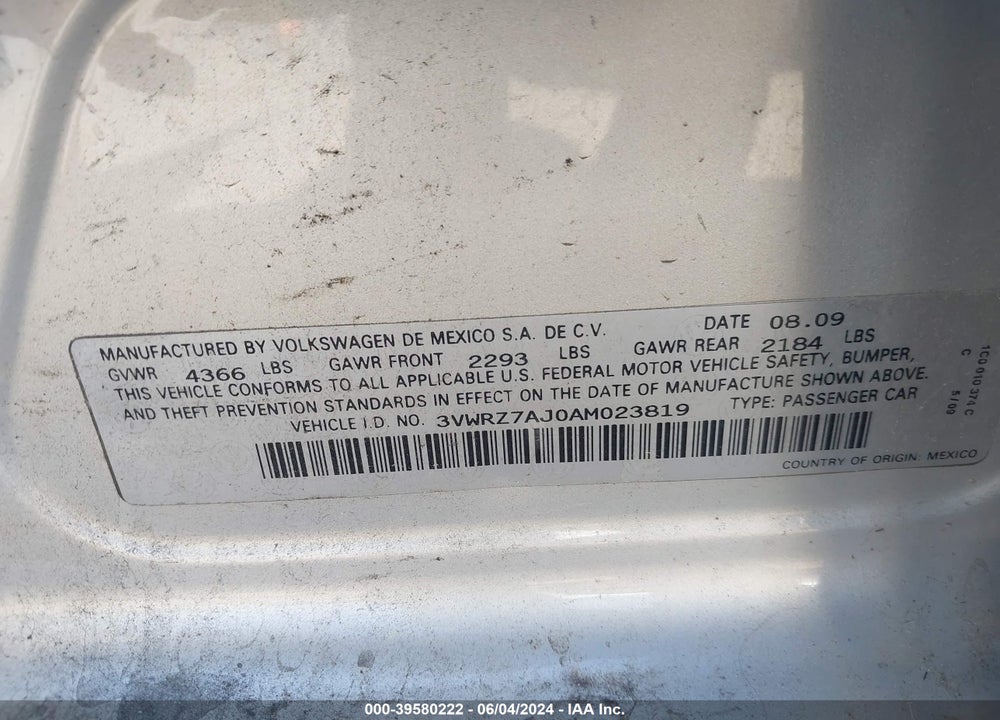 2010 VOLKSWAGEN JETTA SE VIN: 3VWRZ7AJ0AM023819