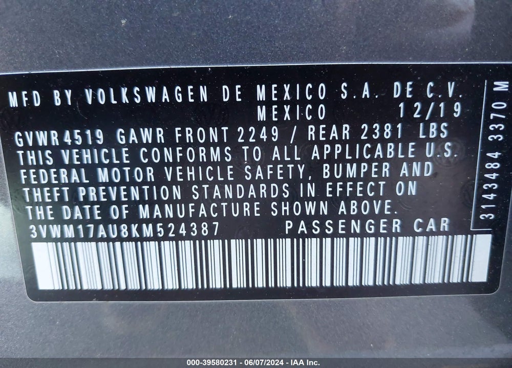 2019 VOLKSWAGEN GOLF ALLTRACK TSI S/TSI SE/TSI SEL VIN: 3VWM17AU8KM524387