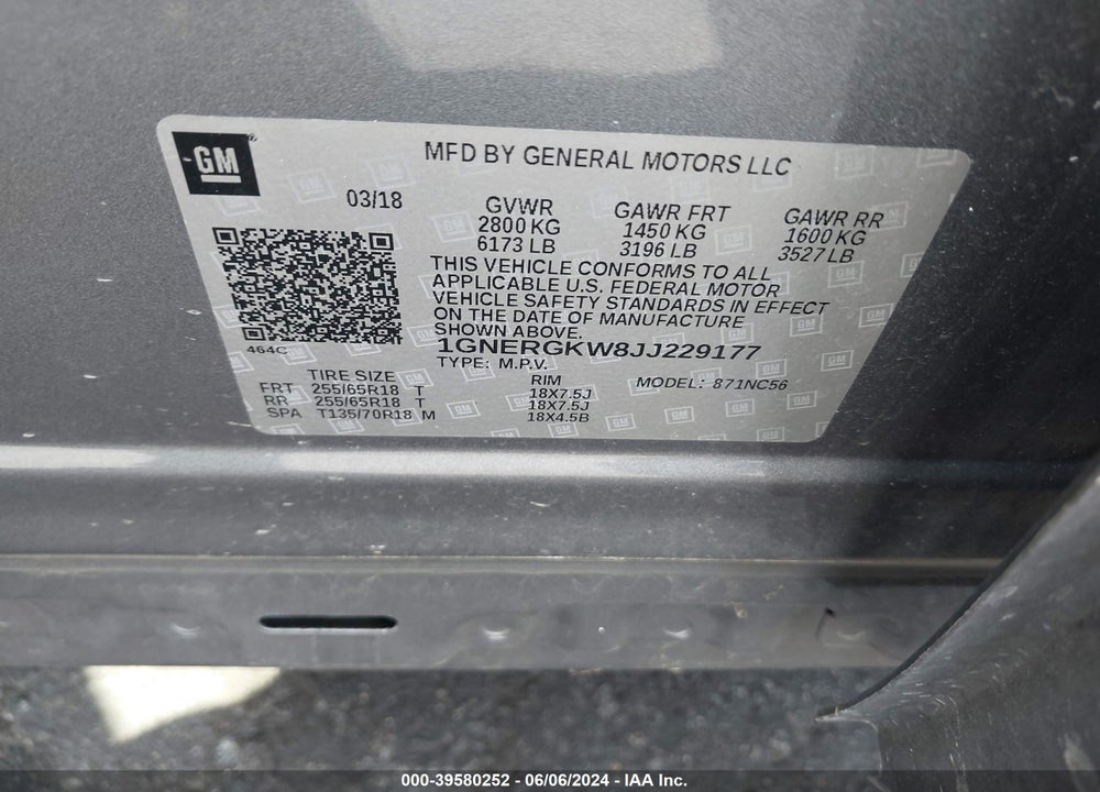 2018 CHEVROLET TRAVERSE 1LT VIN: 1GNERGKW8JJ229177