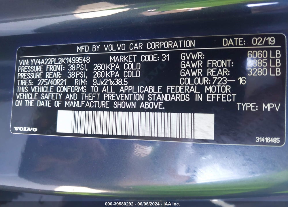 2019 VOLVO XC90 T6 INSCRIPTION VIN: YV4A22PL2K1499548
