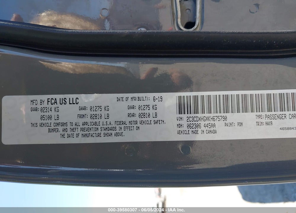 2019 DODGE CHARGER GT RWD VIN: 2C3CDXHGXKH675790