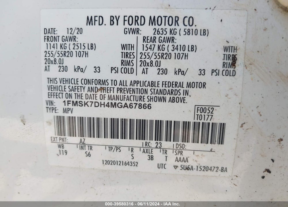 2021 FORD EXPLORER XLT VIN: 1FMSK7DH4MGA67866