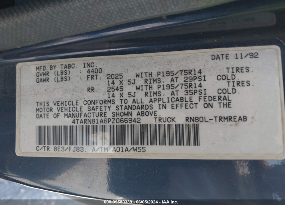 1993 TOYOTA PICKUP 1/2 TON SHORT WHLBASE STB VIN: 4TARN81A6PZ066942