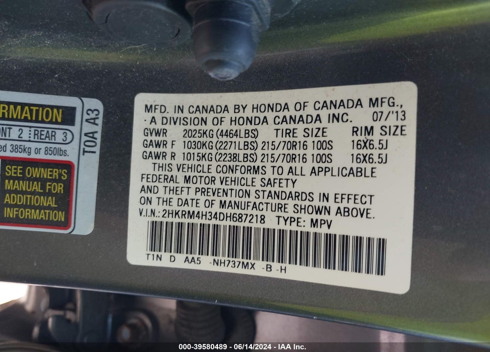 2013 HONDA CR-V LX VIN: 2HKRM4H34DH687218