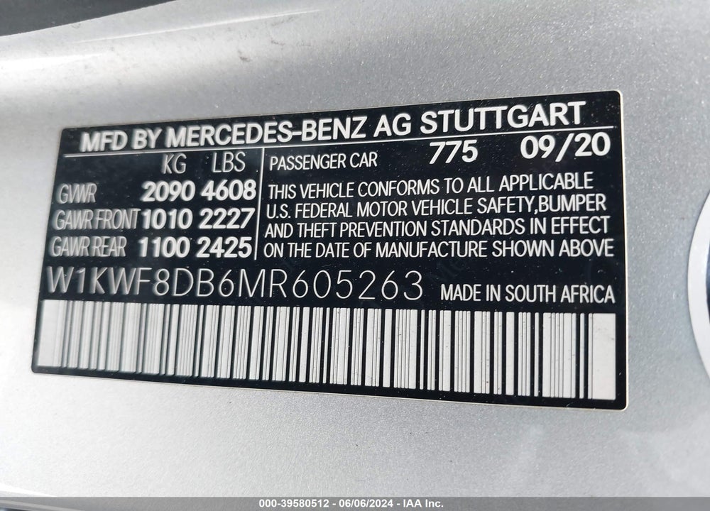 2021 MERCEDES-BENZ C 300 SEDAN VIN: W1KWF8DB6MR605263