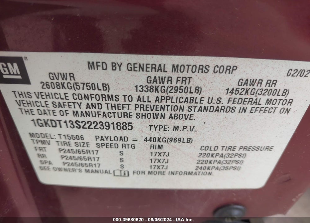 2002 GMC ENVOY SLT VIN: 1GKDT13S222391885