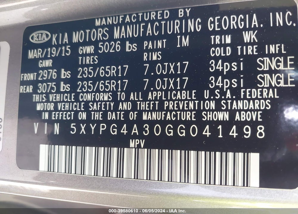 2016 KIA SORENTO 2.4L L VIN: 5XYPG4A30GG041498