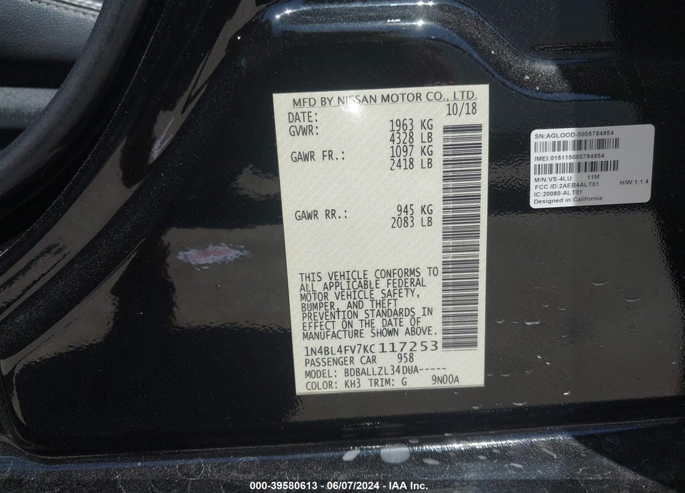 2019 NISSAN ALTIMA 2.5 PLATINUM VIN: 1N4BL4FV7KC117253