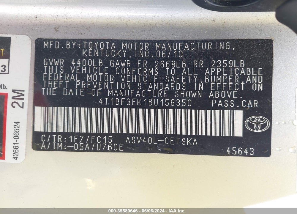2011 TOYOTA CAMRY SE VIN: 4T1BF3EK1BU156350