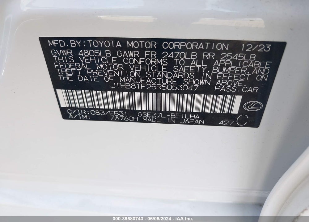 2024 LEXUS IS 300 F SPORT DESIGN VIN: JTHB81F25R5053047