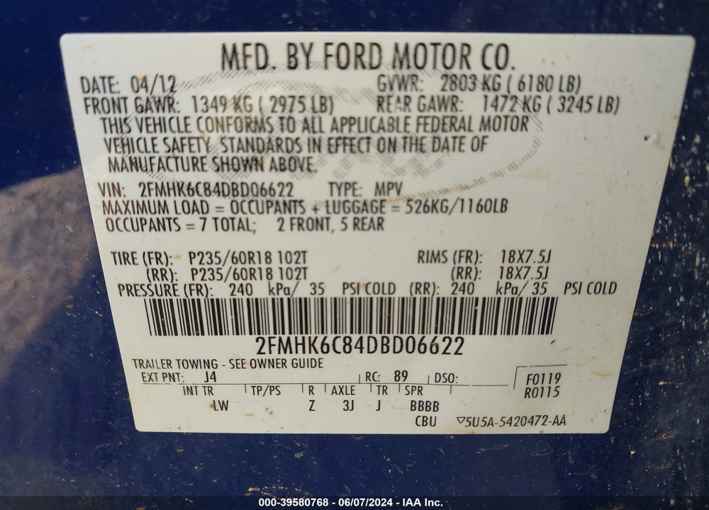 2013 FORD FLEX SEL VIN: 2FMHK6C84DBD06622