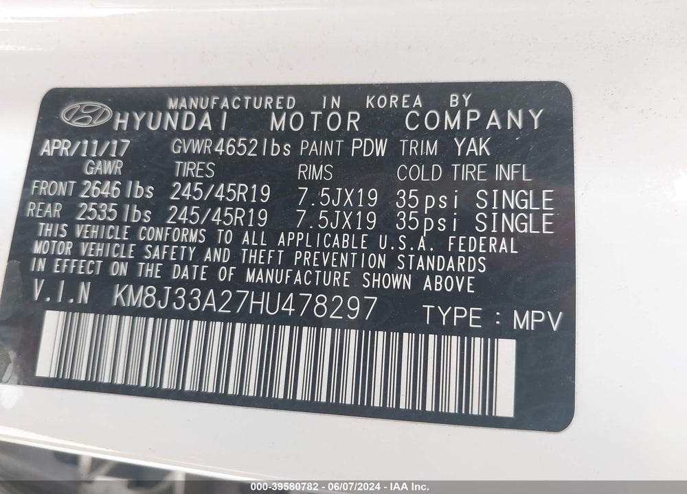 2017 HYUNDAI TUCSON SPORT VIN: KM8J33A27HU478297