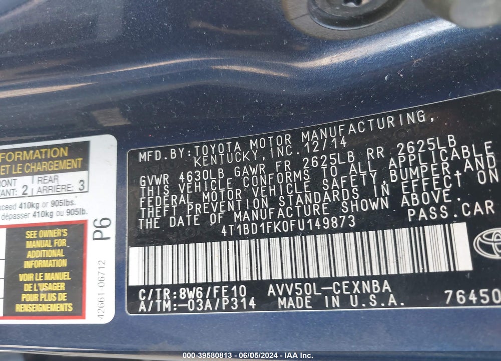 2015 TOYOTA CAMRY HYBRID LE VIN: 4T1BD1FK0FU149873