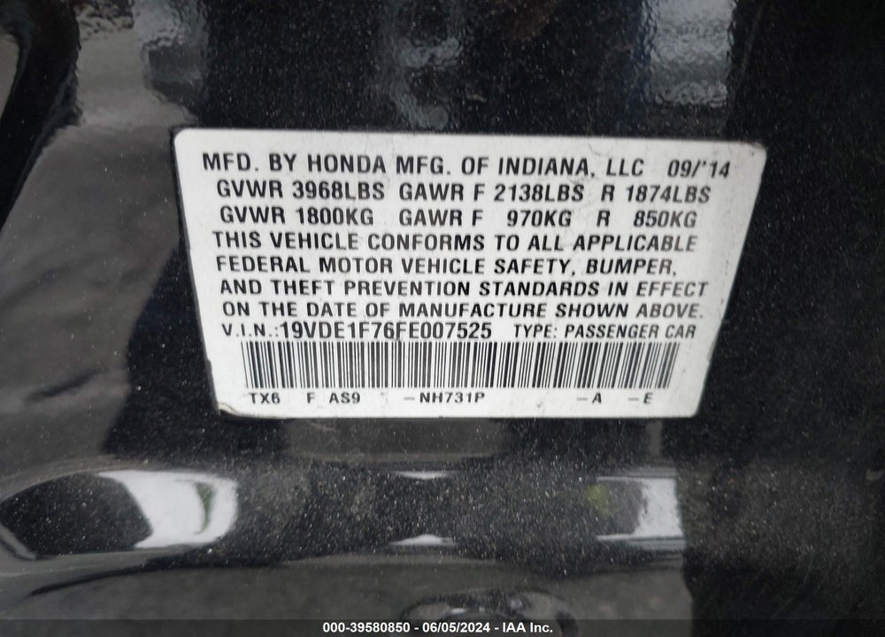 2015 ACURA ILX 2.0L VIN: 19VDE1F76FE007525