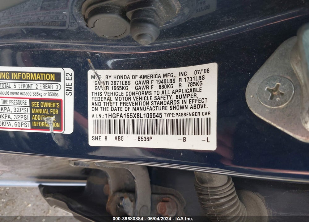 2008 HONDA CIVIC LX VIN: 1HGFA165X8L109545