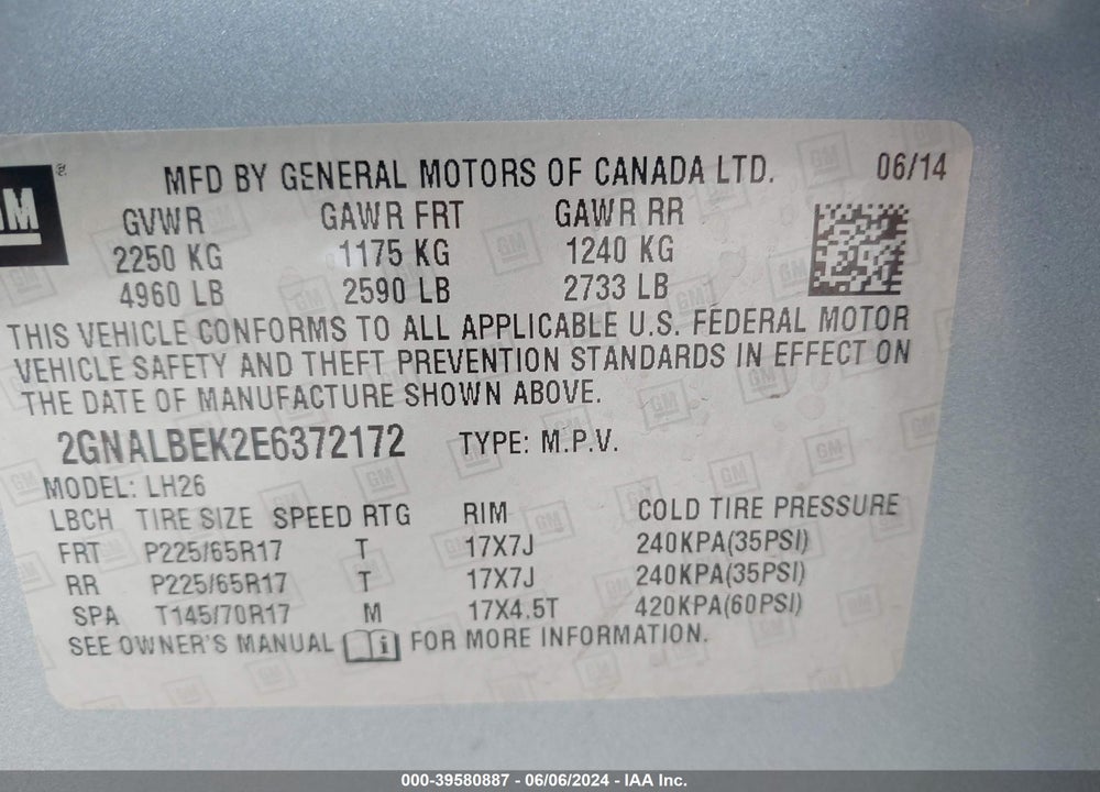 2014 CHEVROLET EQUINOX 1LT VIN: 2GNALBEK2E6372172