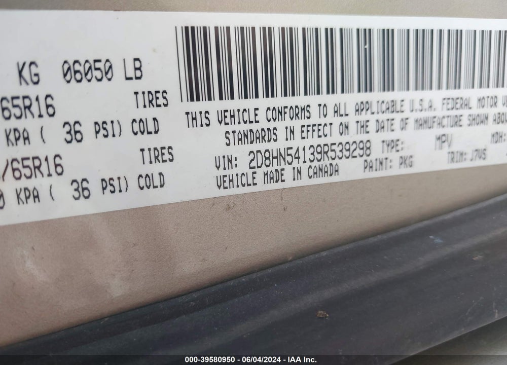2009 DODGE GRAND CARAVAN SXT VIN: 2D8HN54139R539298